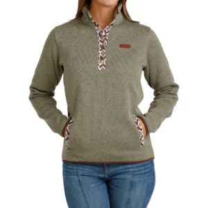 Cinch Women's Pullover 1/4 Button Fleece Olive Green Aztec Trim MAK9909005 OLV